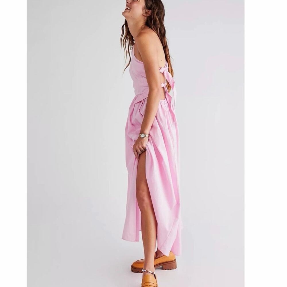 FREE PEOPLE Sz S AVALON MAXI DRESS ONE SHOULDER SIDE TIE PINK COTTAGECORE